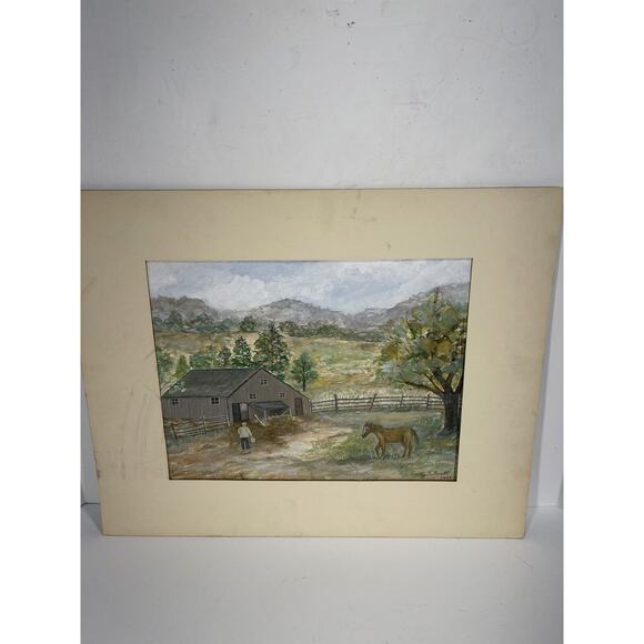 Emily H Beall 1980 Folk Art Work Signed Horse Barn MatteWatercolor Artist Paper